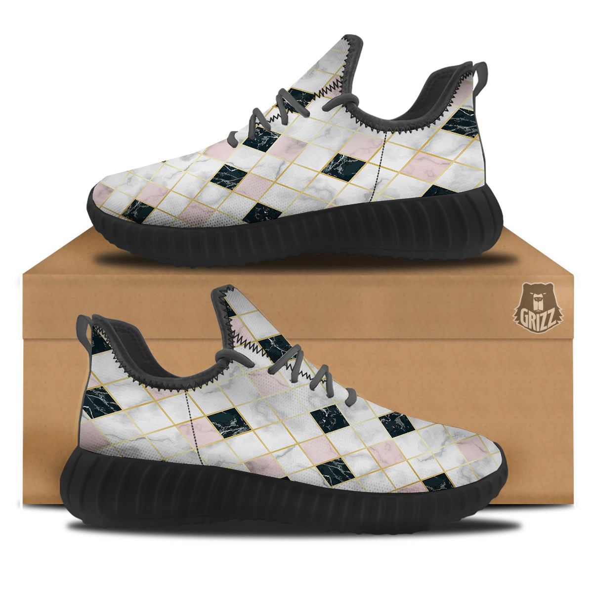 Marble Luxury Geometric Print Black Walking Shoes-grizzshop