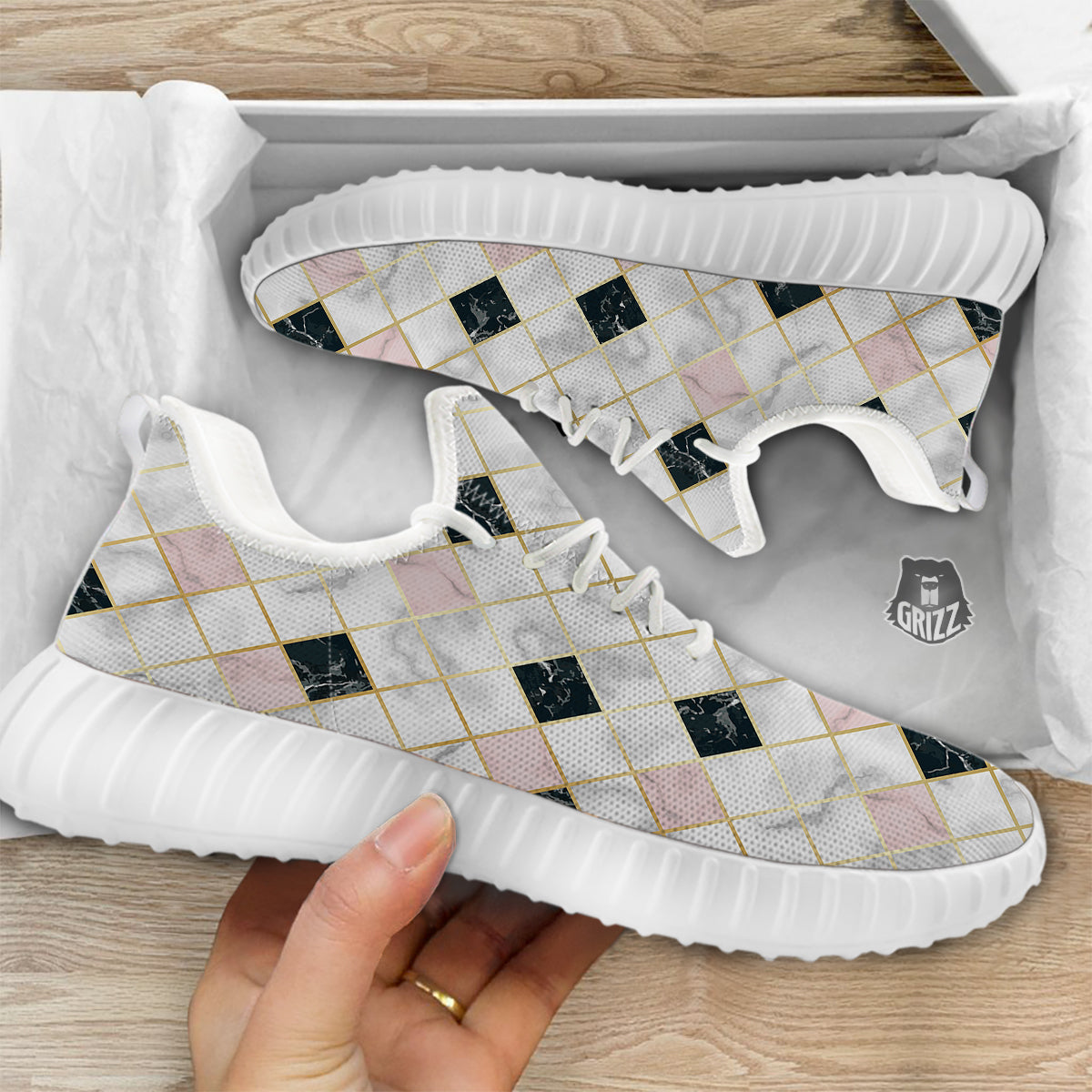 Marble Luxury Geometric Print White Walking Shoes-grizzshop