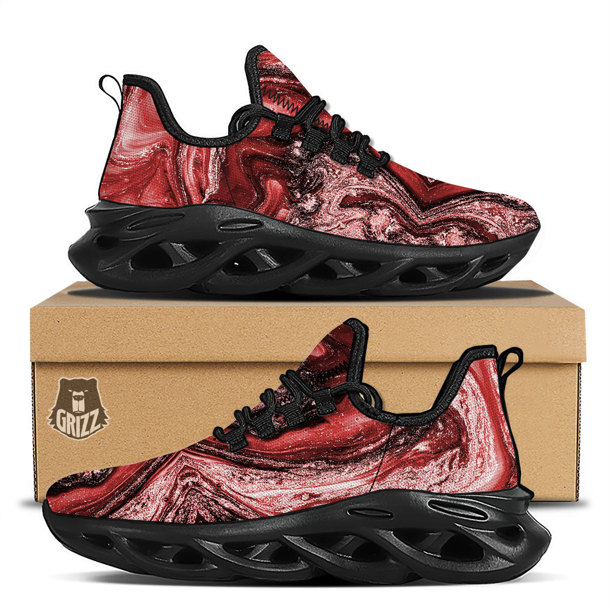 Marble Red Print Pattern Black Running Shoes-grizzshop