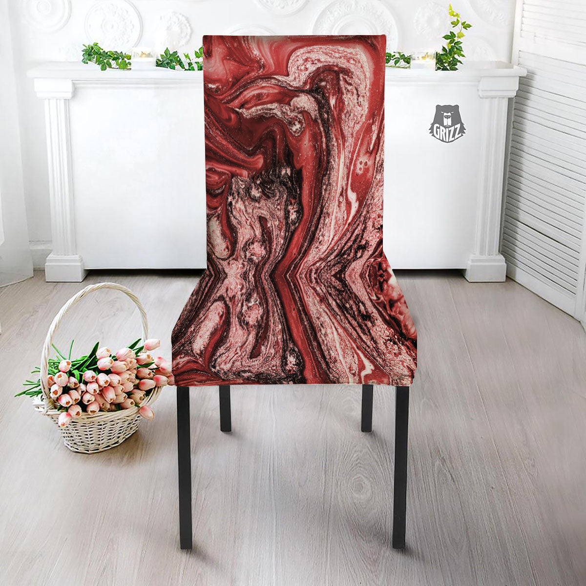 Marble Red Print Pattern Dining Chair Slipcover-grizzshop