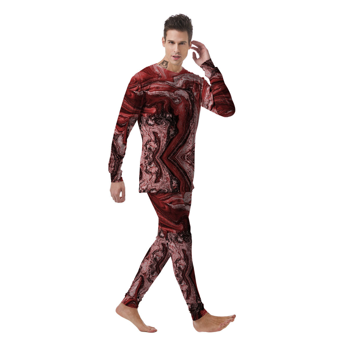 Marble Red Print Pattern Men's Pajamas-grizzshop