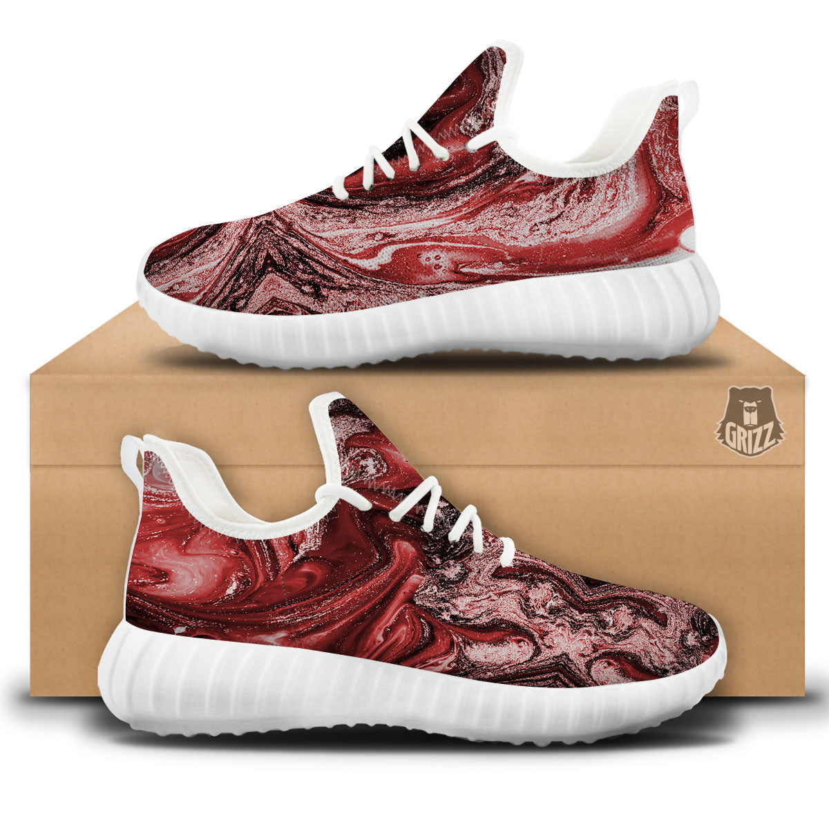 Marble Red Print Pattern White Walking Shoes-grizzshop