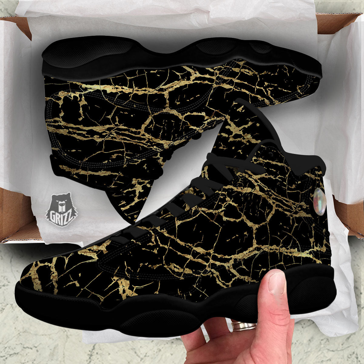 Marble Scratch Black Gold Print Marble Black Basketball Shoes-grizzshop