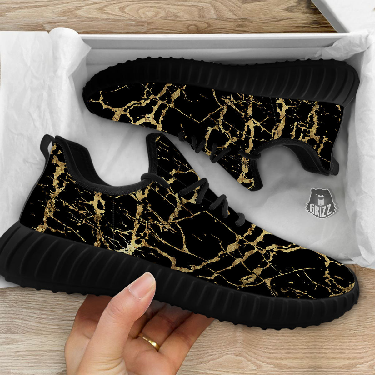 Marble Scratch Black Gold Print Marble Black Walking Shoes-grizzshop
