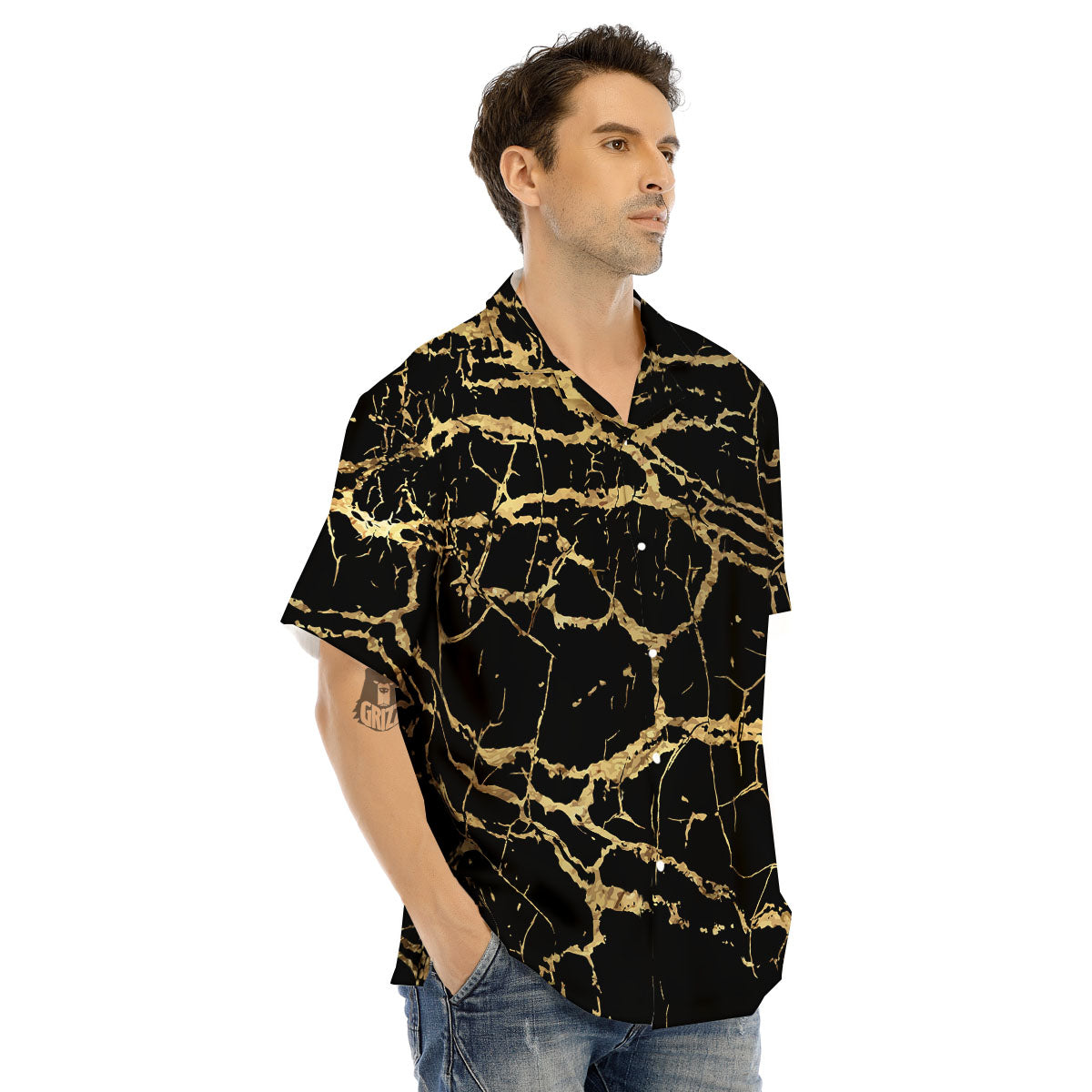 Marble Scratch Black Gold Print Marble Men's Hawaiian Shirt-grizzshop