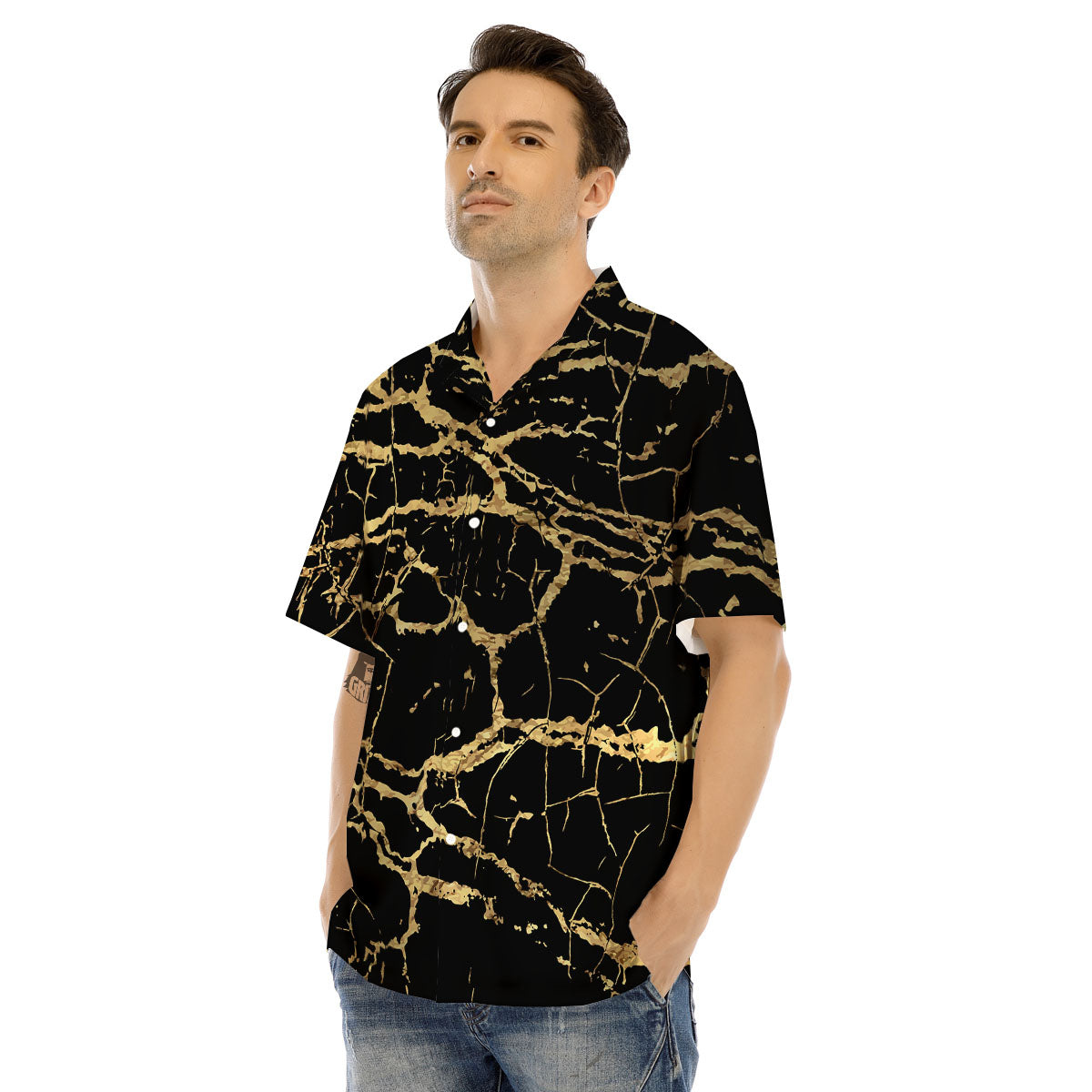 Marble Scratch Black Gold Print Marble Men's Hawaiian Shirt-grizzshop