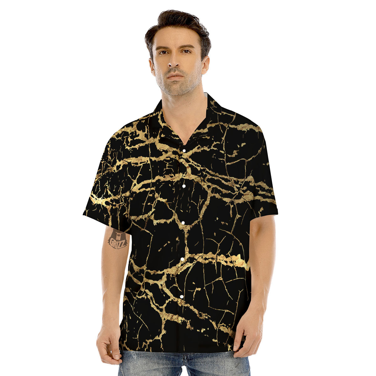 Marble Scratch Black Gold Print Marble Men's Hawaiian Shirt-grizzshop