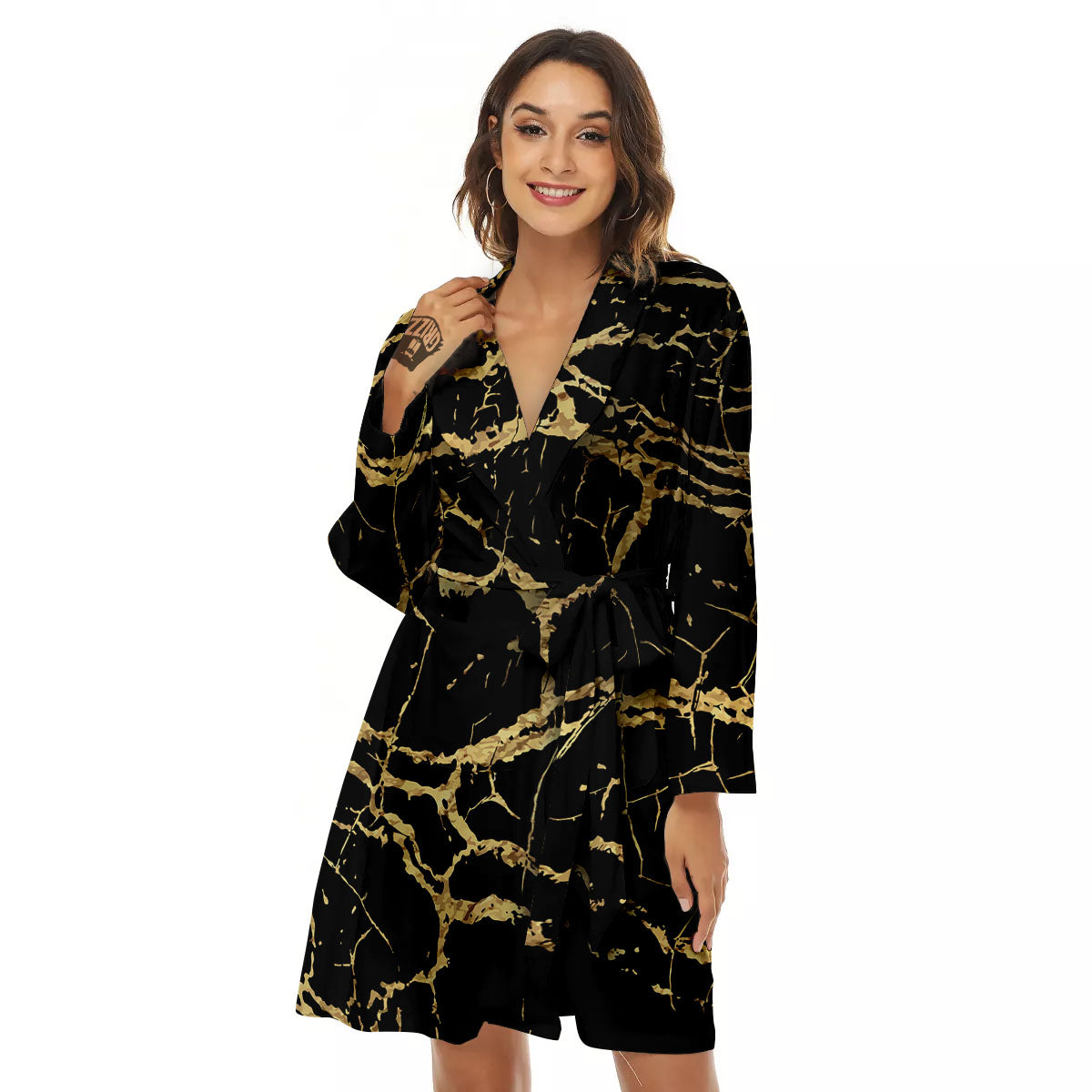 Marble Scratch Black Gold Print Marble Women's Robe-grizzshop