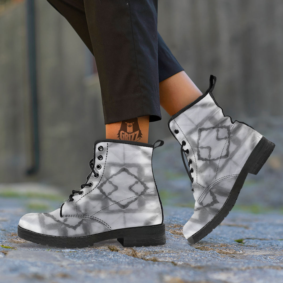Marble Silver Grey Print Pattern Leather Boots-grizzshop