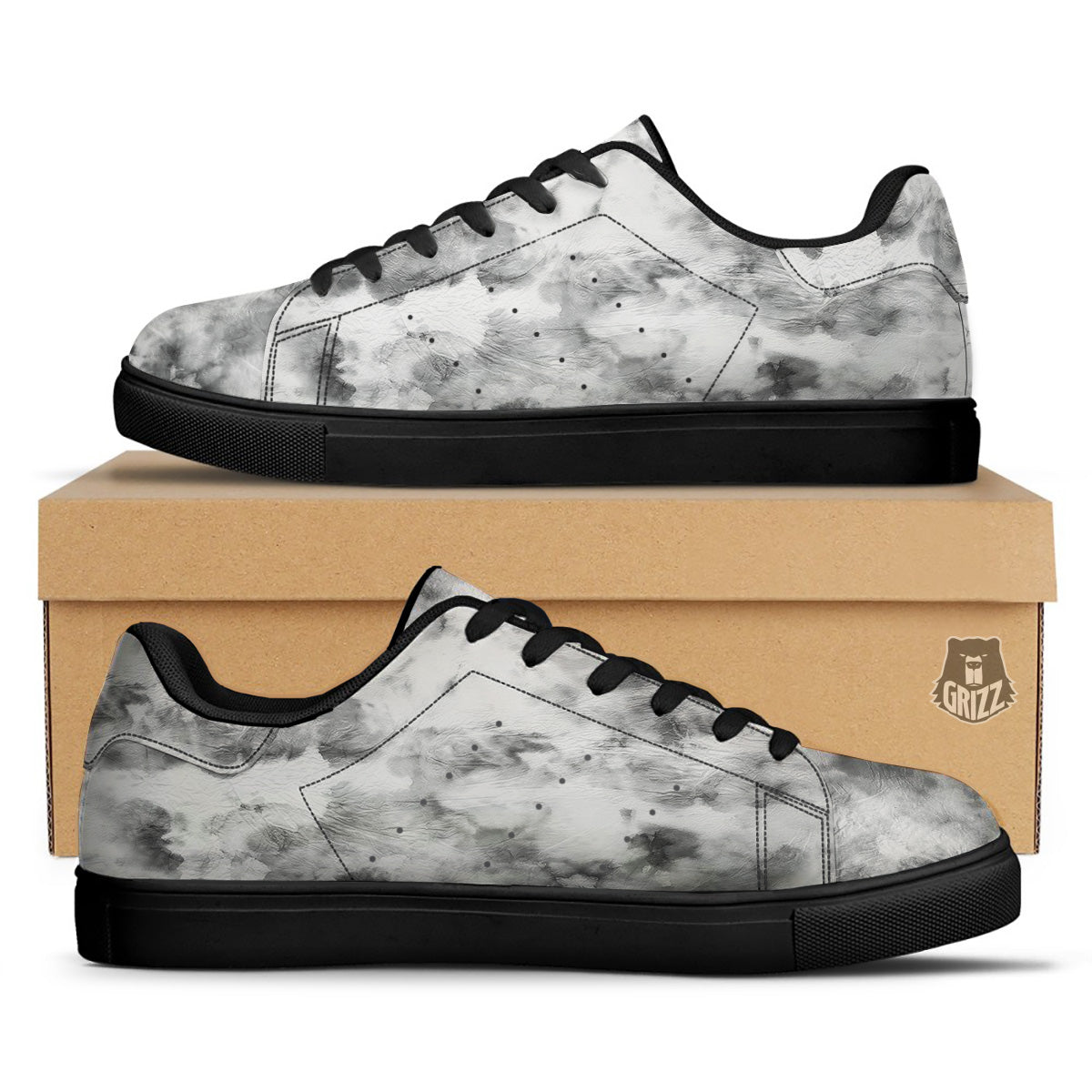Marble Smoke Black White Print Black Low Top Sneakers-grizzshop