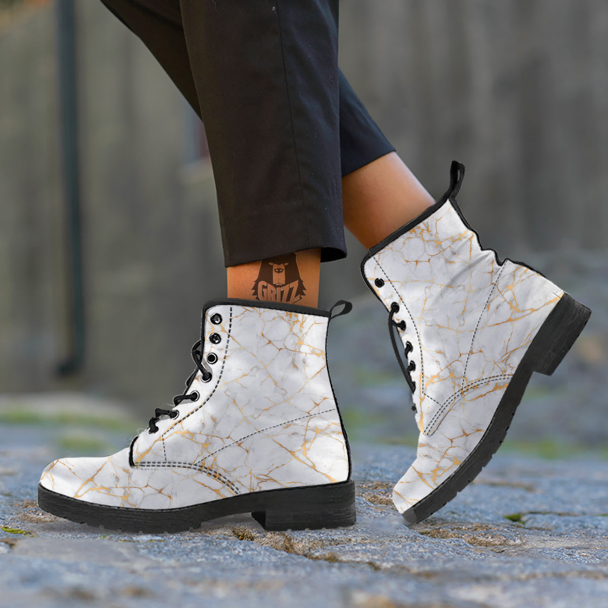 Marble White Gold Print Pattern Leather Boots-grizzshop