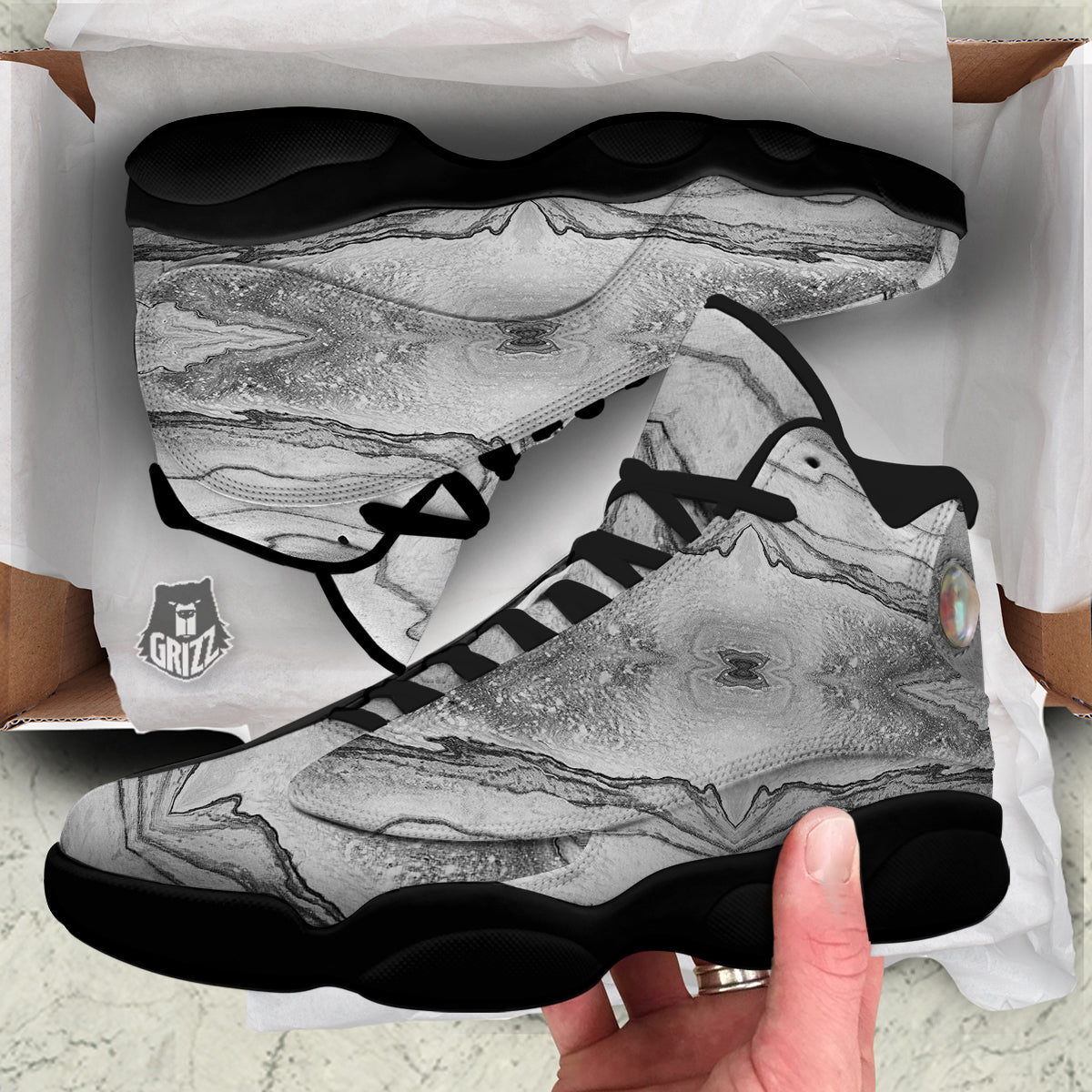 Marble White Gray Print Pattern Black Basketball Shoes-grizzshop