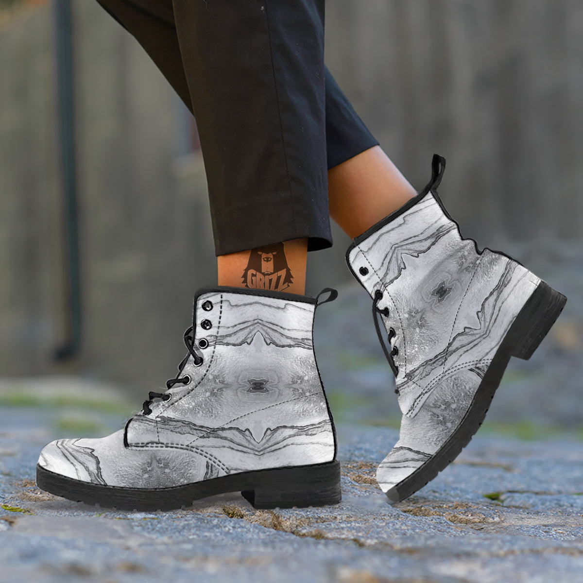 Marble White Gray Print Pattern Leather Boots-grizzshop