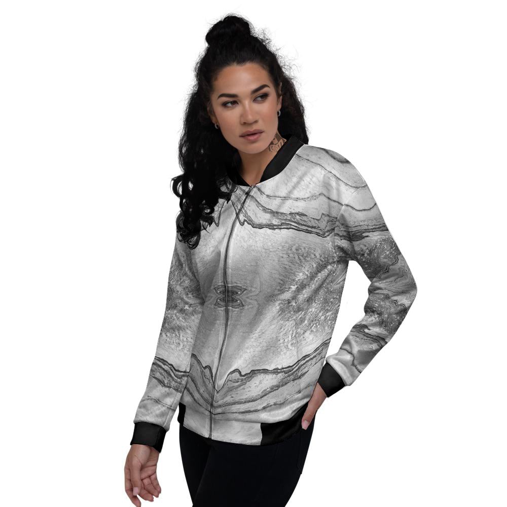Marble White Gray Print Pattern Women's Bomber Jacket-grizzshop