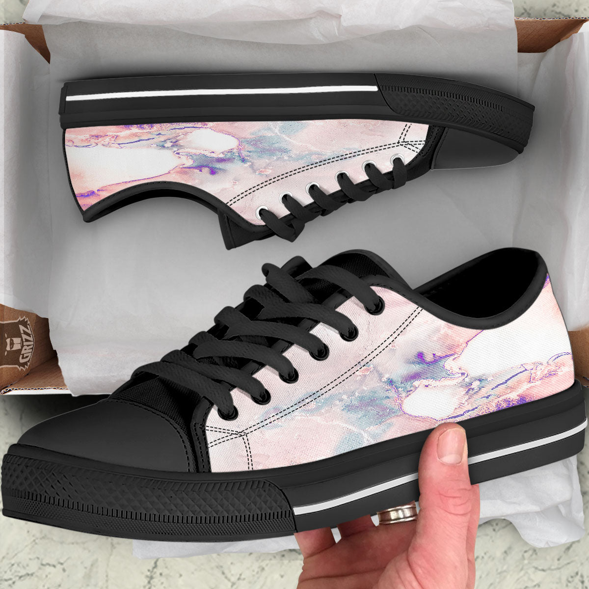 Marble White Ruby Print Black Low Top Shoes-grizzshop