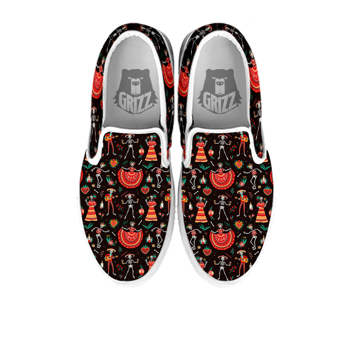 Mariachi Skeletons Day Of The Dead Print Pattern White Slip On Shoes-grizzshop