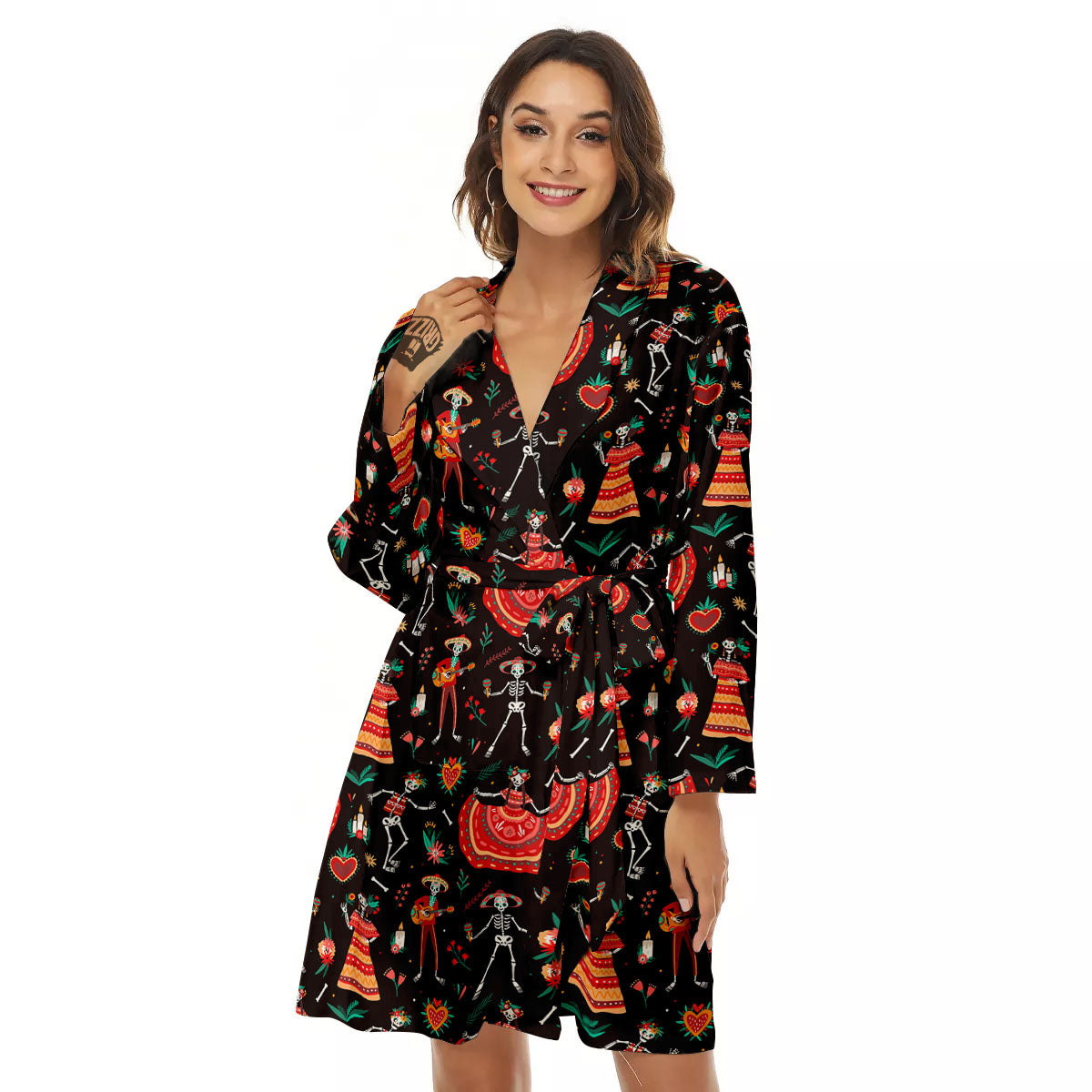 Mariachi Skeletons Day Of The Dead Print Pattern Women's Robe-grizzshop