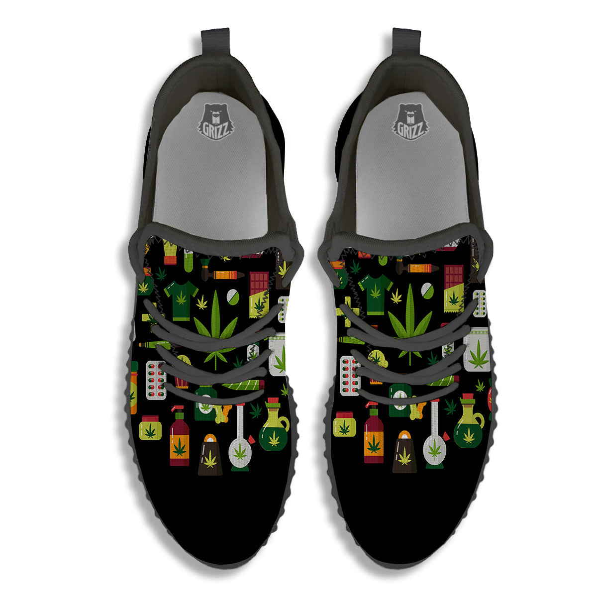 Marijuana And Cannabis Print Black Walking Shoes-grizzshop