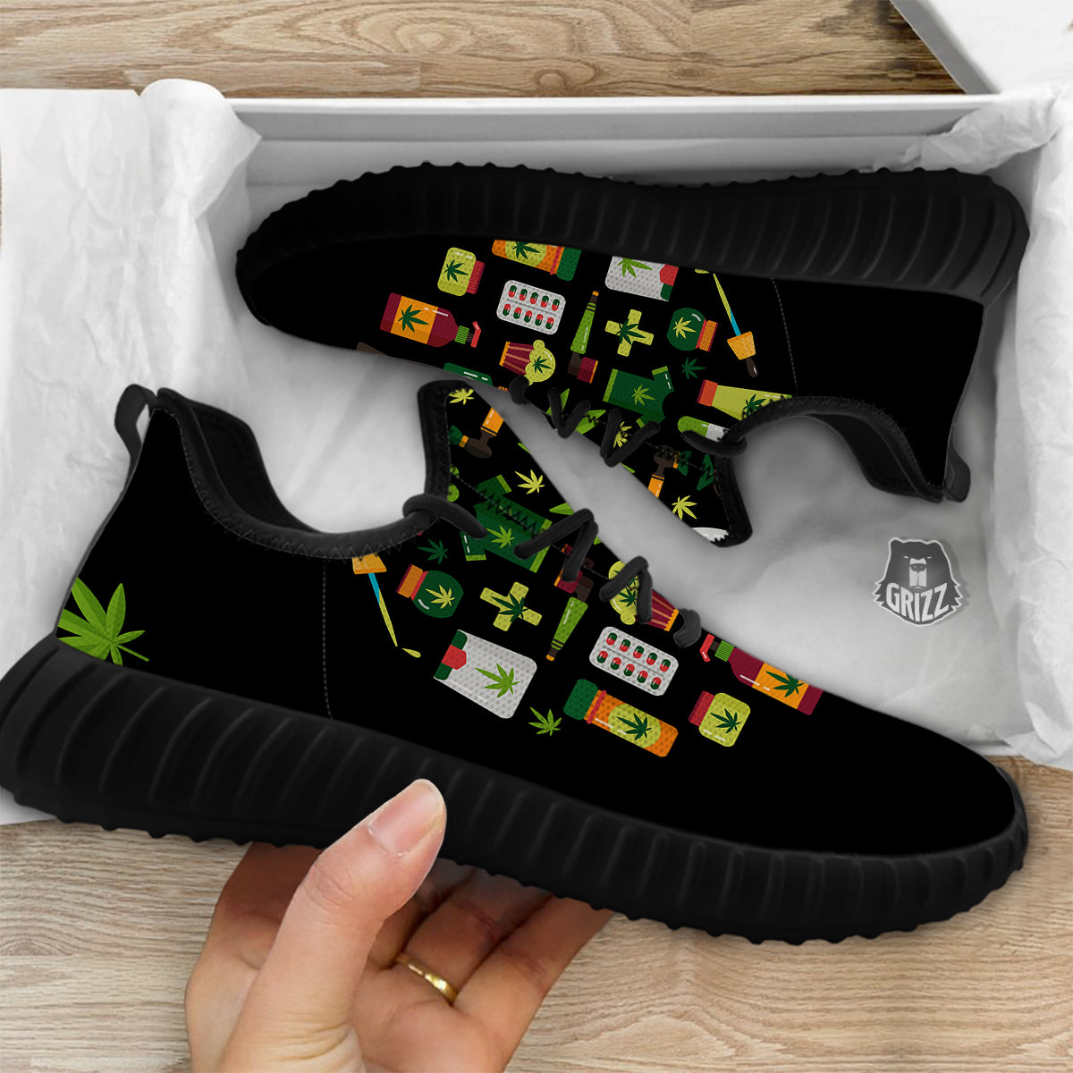 Marijuana And Cannabis Print Black Walking Shoes-grizzshop