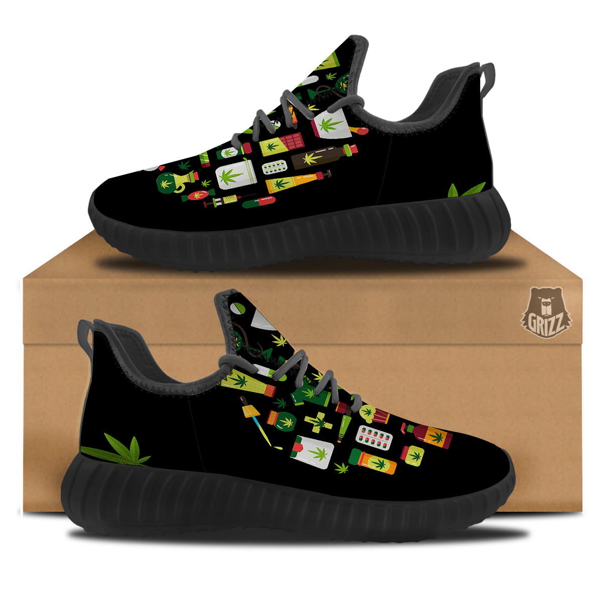 Marijuana And Cannabis Print Black Walking Shoes-grizzshop
