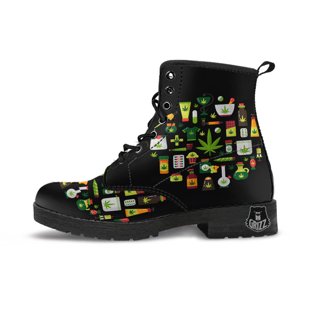 Marijuana And Cannabis Print Leather Boots-grizzshop