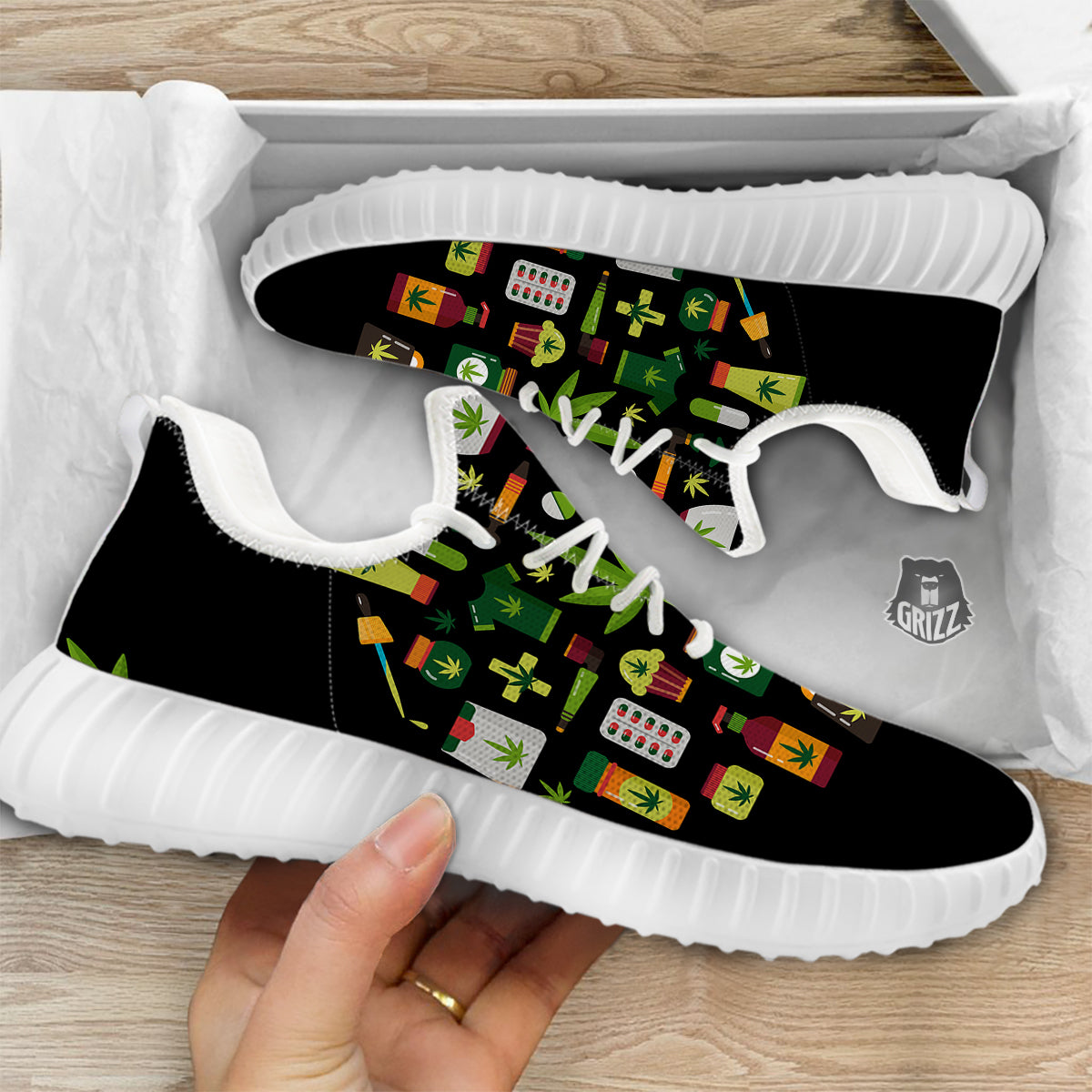 Marijuana And Cannabis Print White Walking Shoes-grizzshop