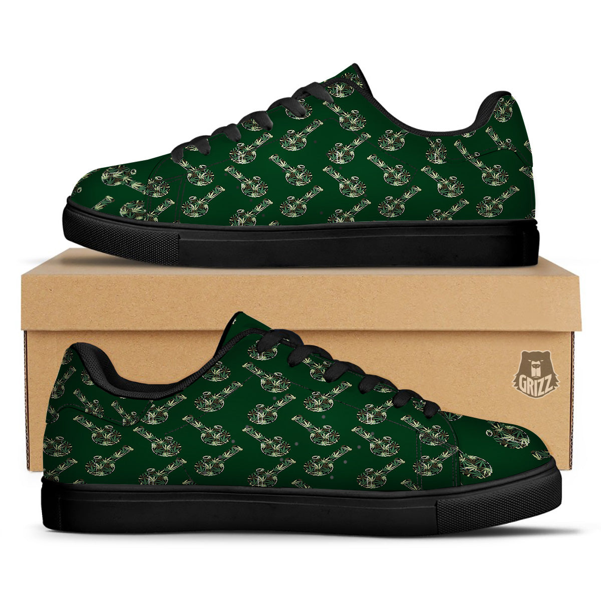 Marijuana Cannabis And Green Camo Print Pattern Black Low Top Sneakers-grizzshop