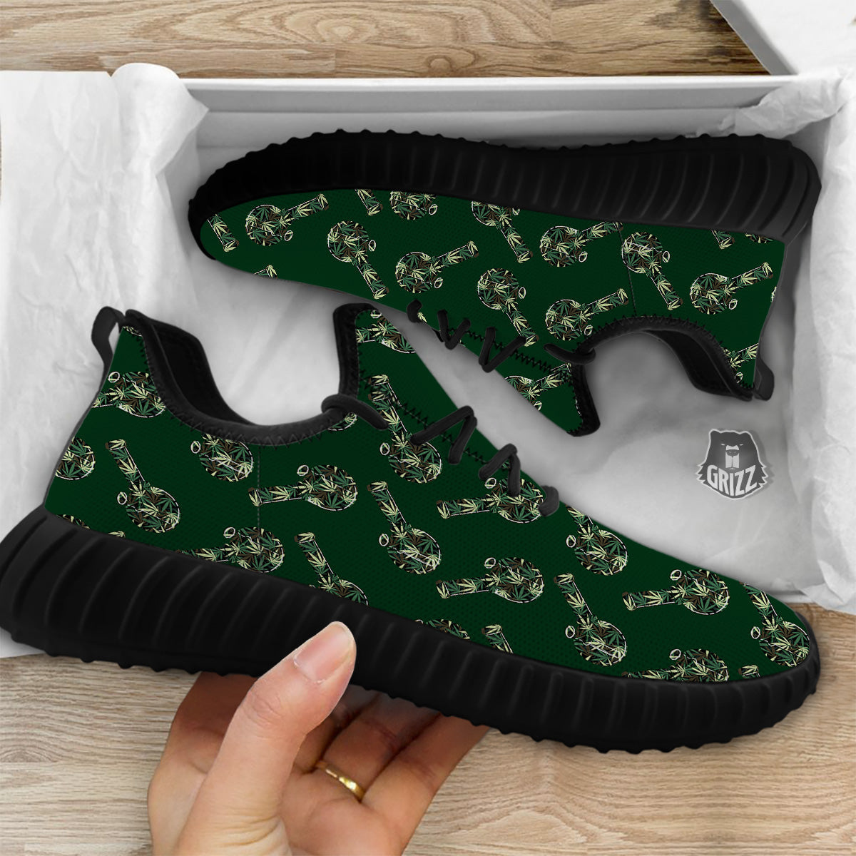 Marijuana Cannabis And Green Camo Print Pattern Black Walking Shoes-grizzshop