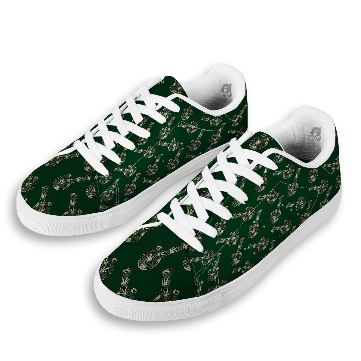 Marijuana Cannabis And Green Camo Print Pattern White Low Top Sneakers-grizzshop