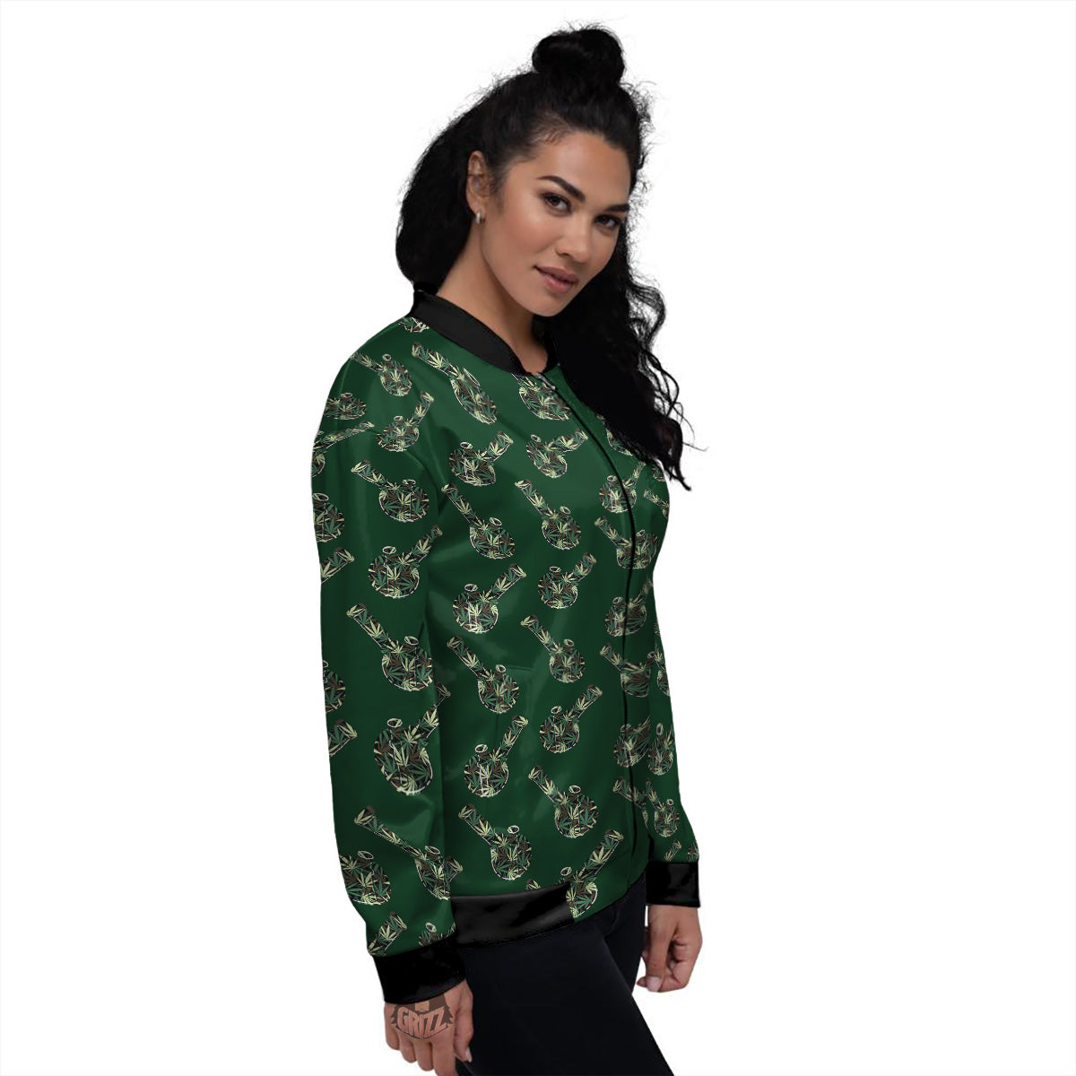 Marijuana Cannabis And Green Camo Print Pattern Women's Bomber Jacket-grizzshop