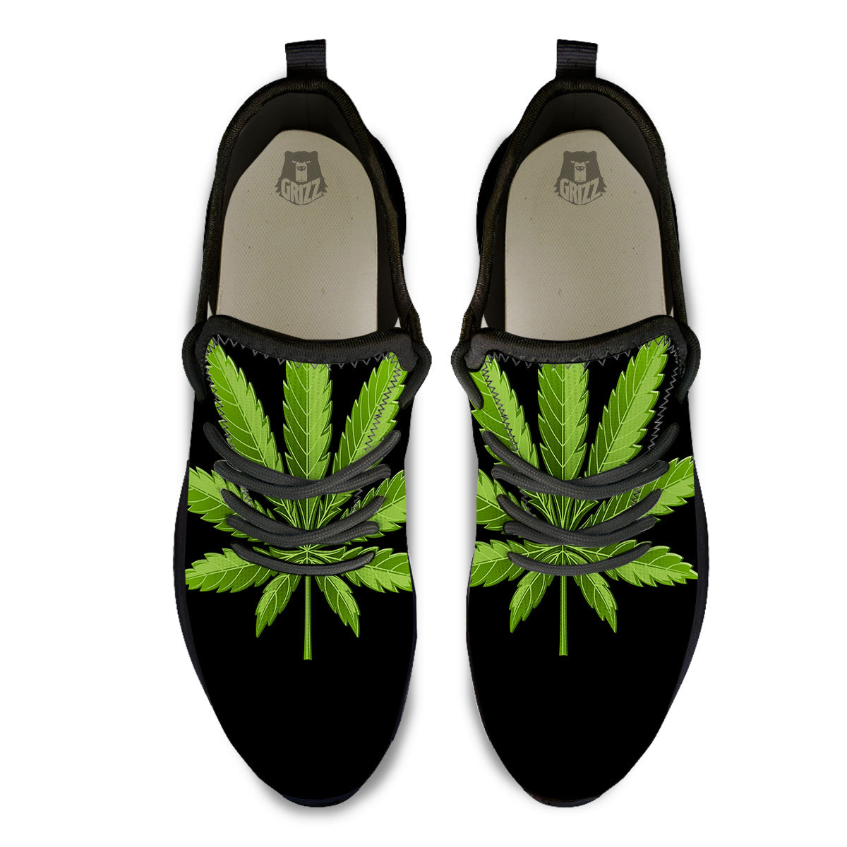 Marijuana Leaf Green Print Black Athletic Shoes-grizzshop