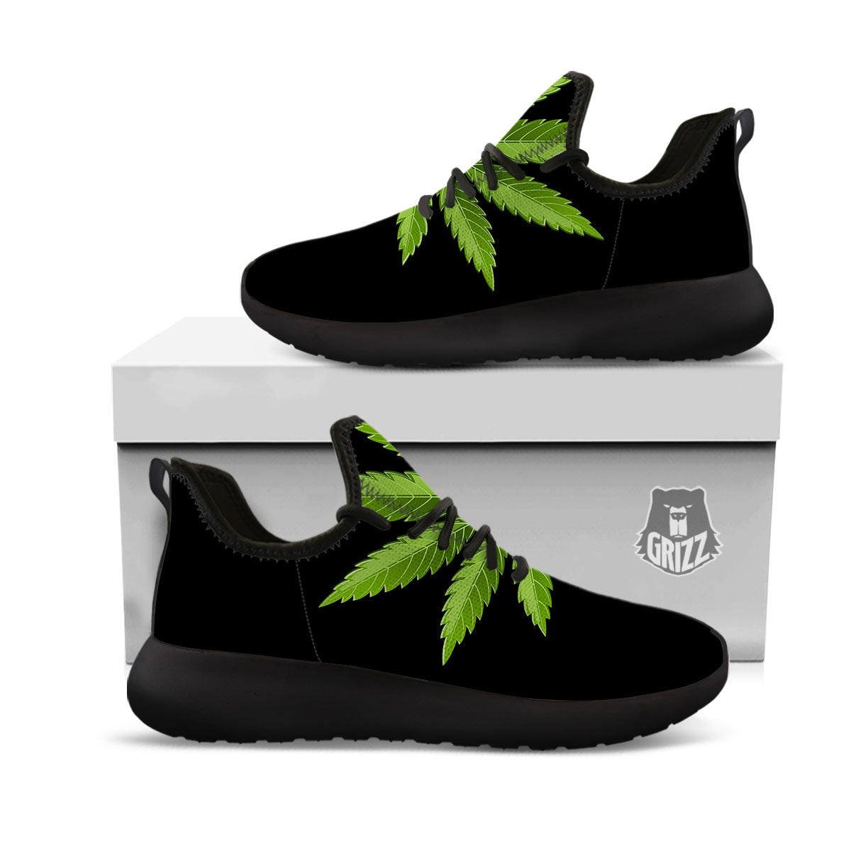 Marijuana Leaf Green Print Black Athletic Shoes-grizzshop