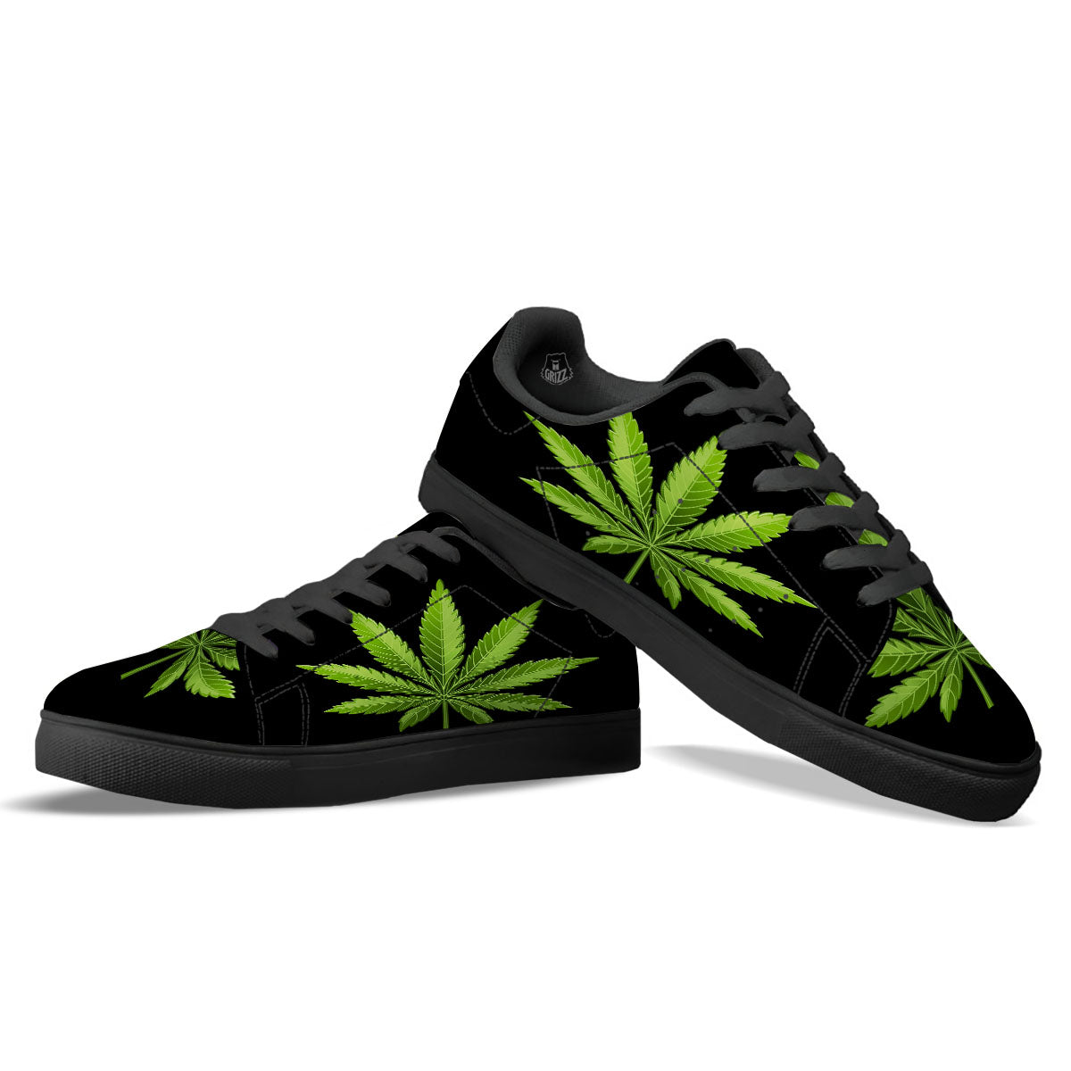 Marijuana Leaf Green Print Black Low Top Sneakers-grizzshop