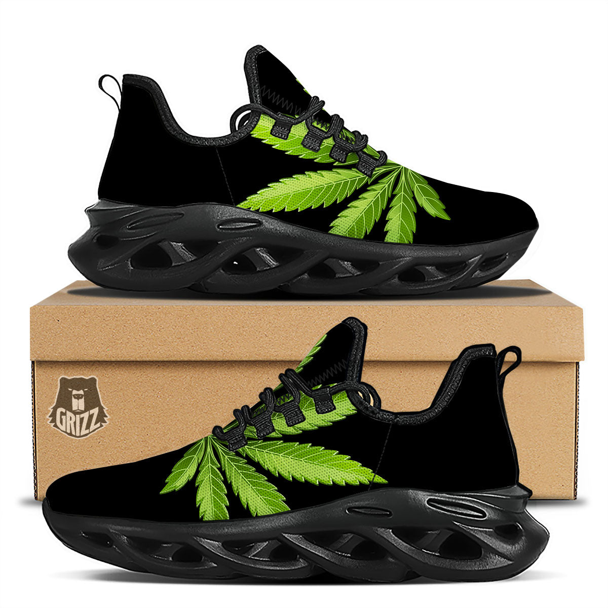 Marijuana Leaf Green Print Black Running Shoes-grizzshop