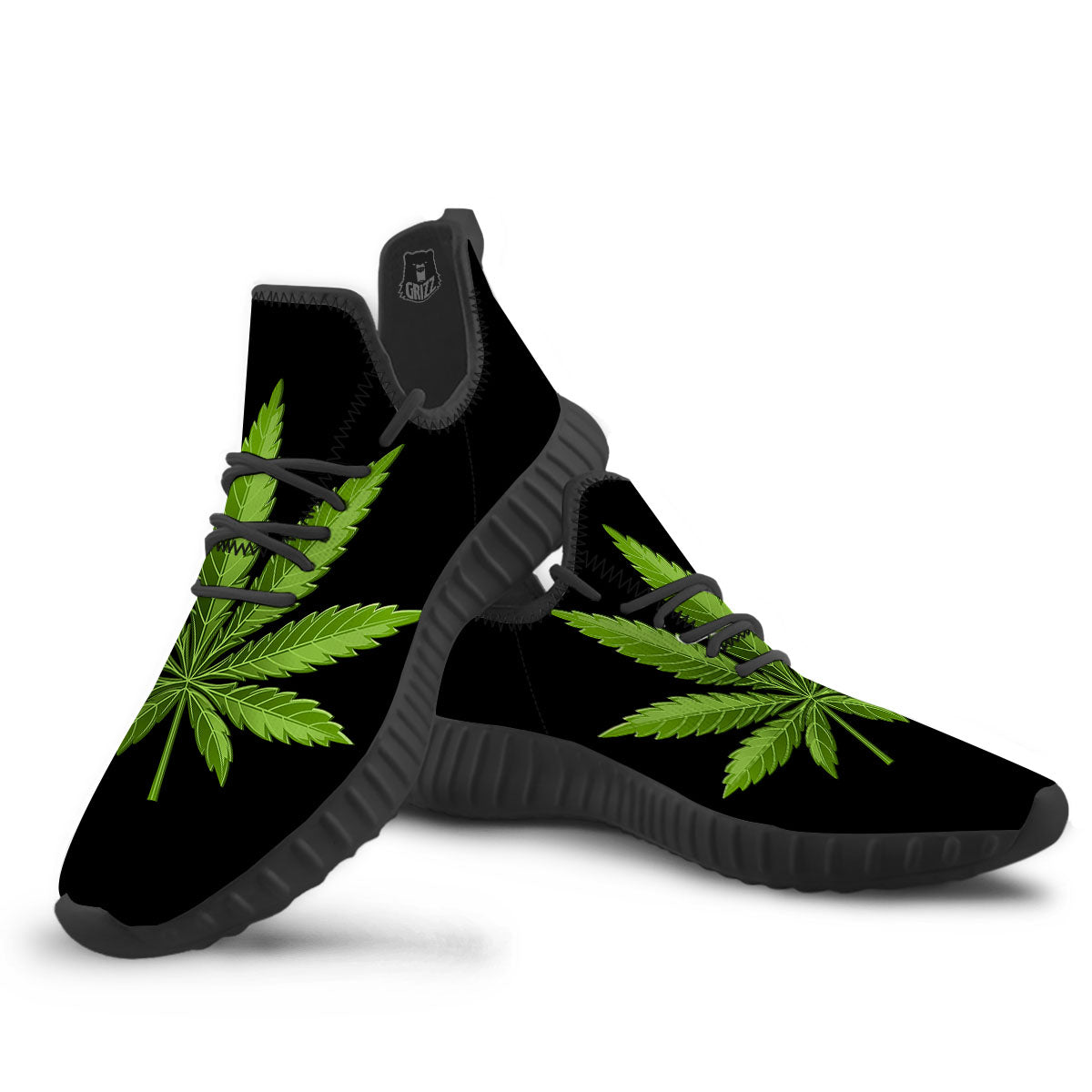 Marijuana Leaf Green Print Black Walking Shoes-grizzshop