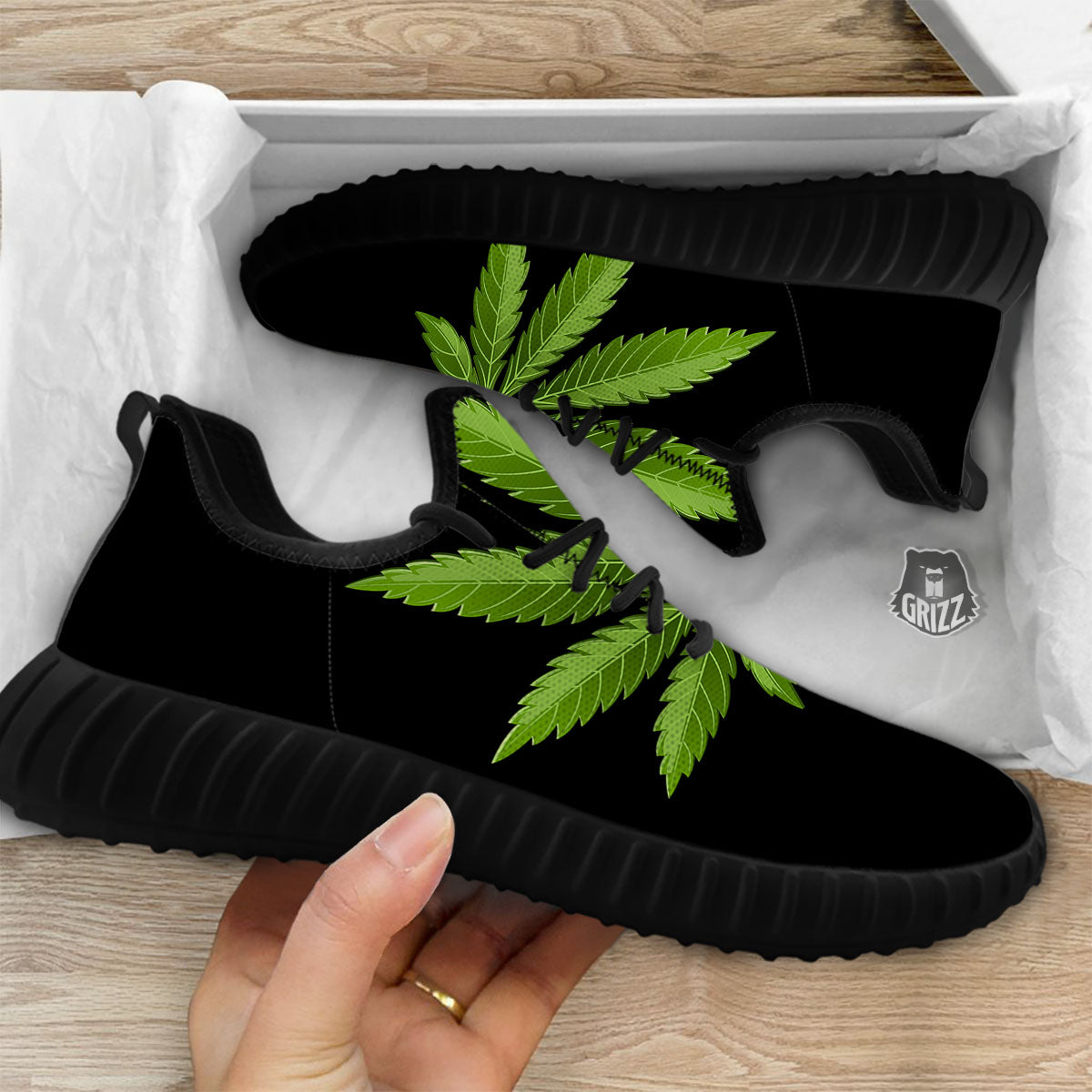 Marijuana Leaf Green Print Black Walking Shoes-grizzshop