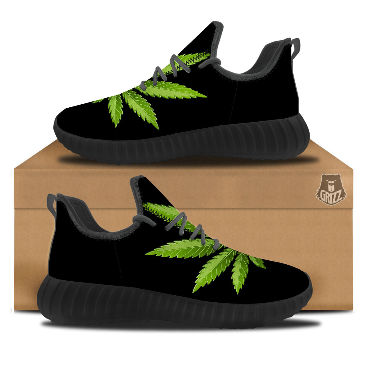 Marijuana Leaf Green Print Black Walking Shoes-grizzshop