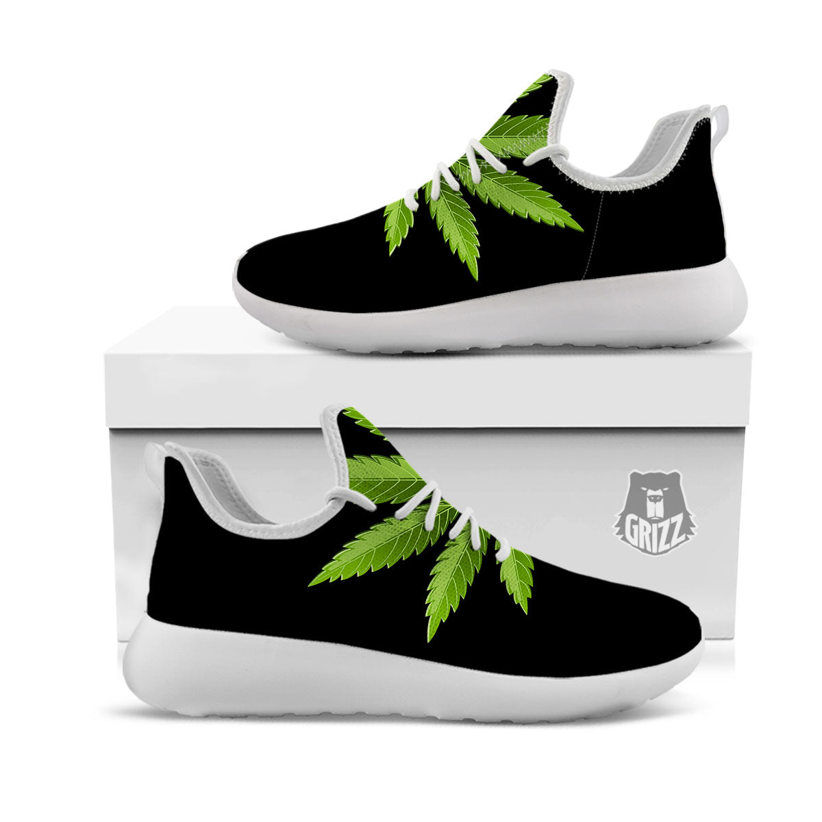 Marijuana Leaf Green Print White Athletic Shoes-grizzshop