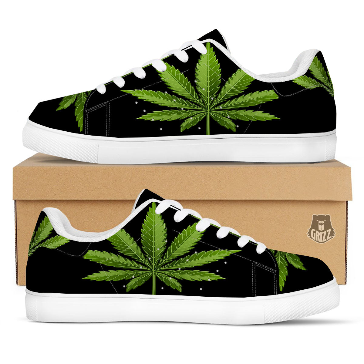 Marijuana Leaf Green Print White Low Top Sneakers-grizzshop