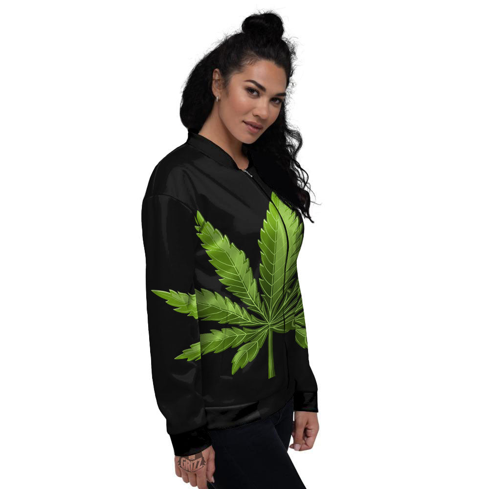 Marijuana Leaf Green Print Women's Bomber Jacket-grizzshop