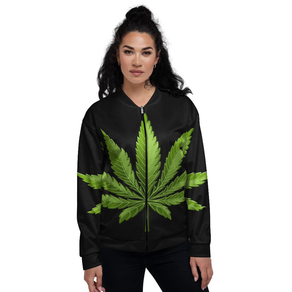Marijuana Leaf Green Print Women's Bomber Jacket-grizzshop