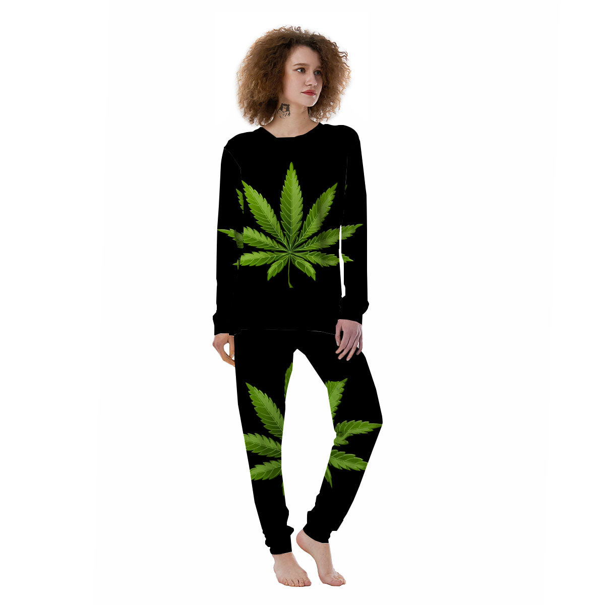 Marijuana Leaf Green Print Women's Pajamas-grizzshop