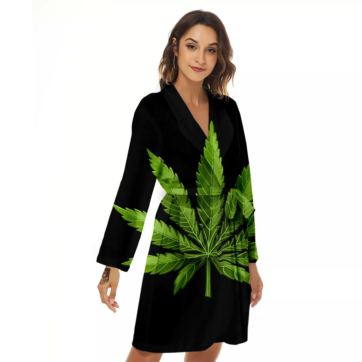 Marijuana Leaf Green Print Women's Robe-grizzshop