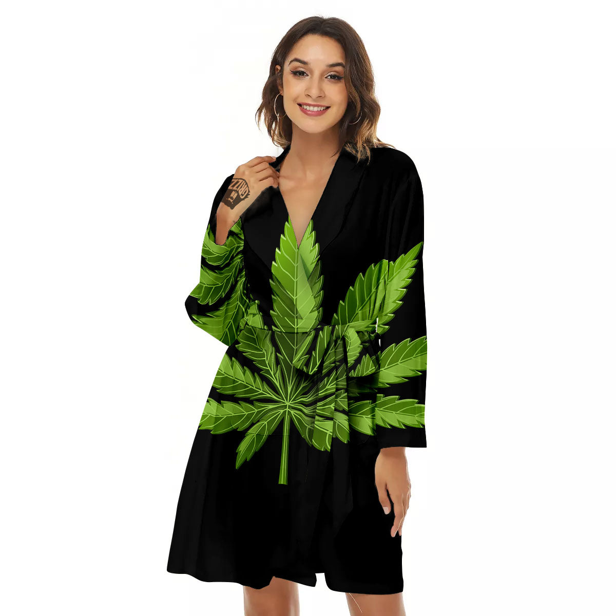 Marijuana Leaf Green Print Women's Robe-grizzshop