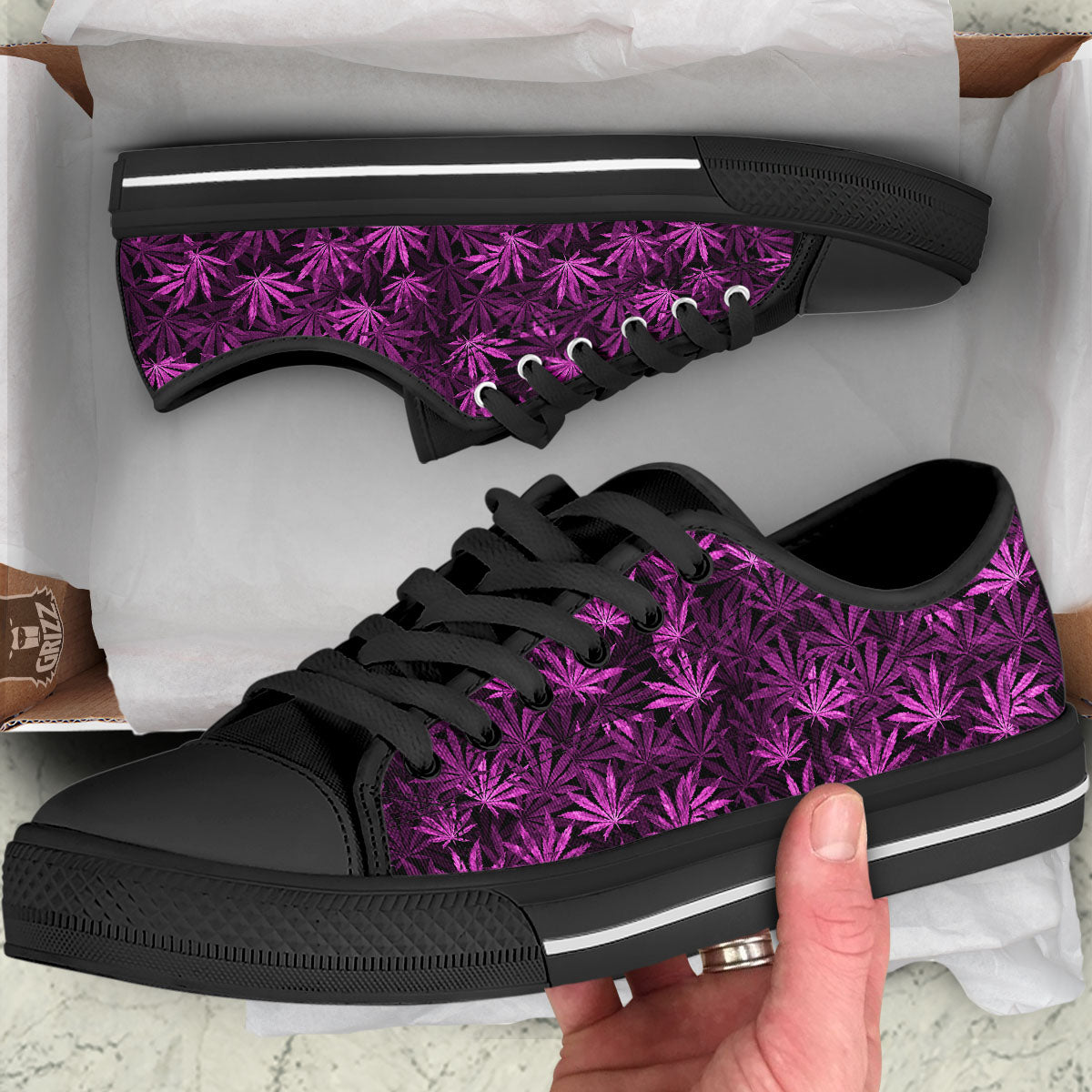 Marijuana Leaf Purple Print Pattern Black Low Top Shoes-grizzshop