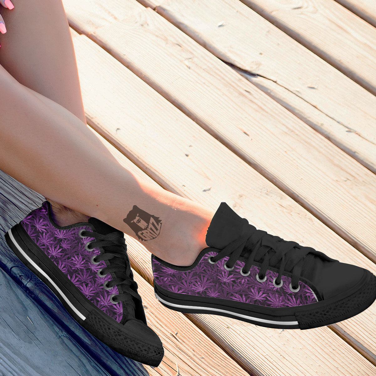 Marijuana Leaf Purple Print Pattern Black Low Top Shoes-grizzshop