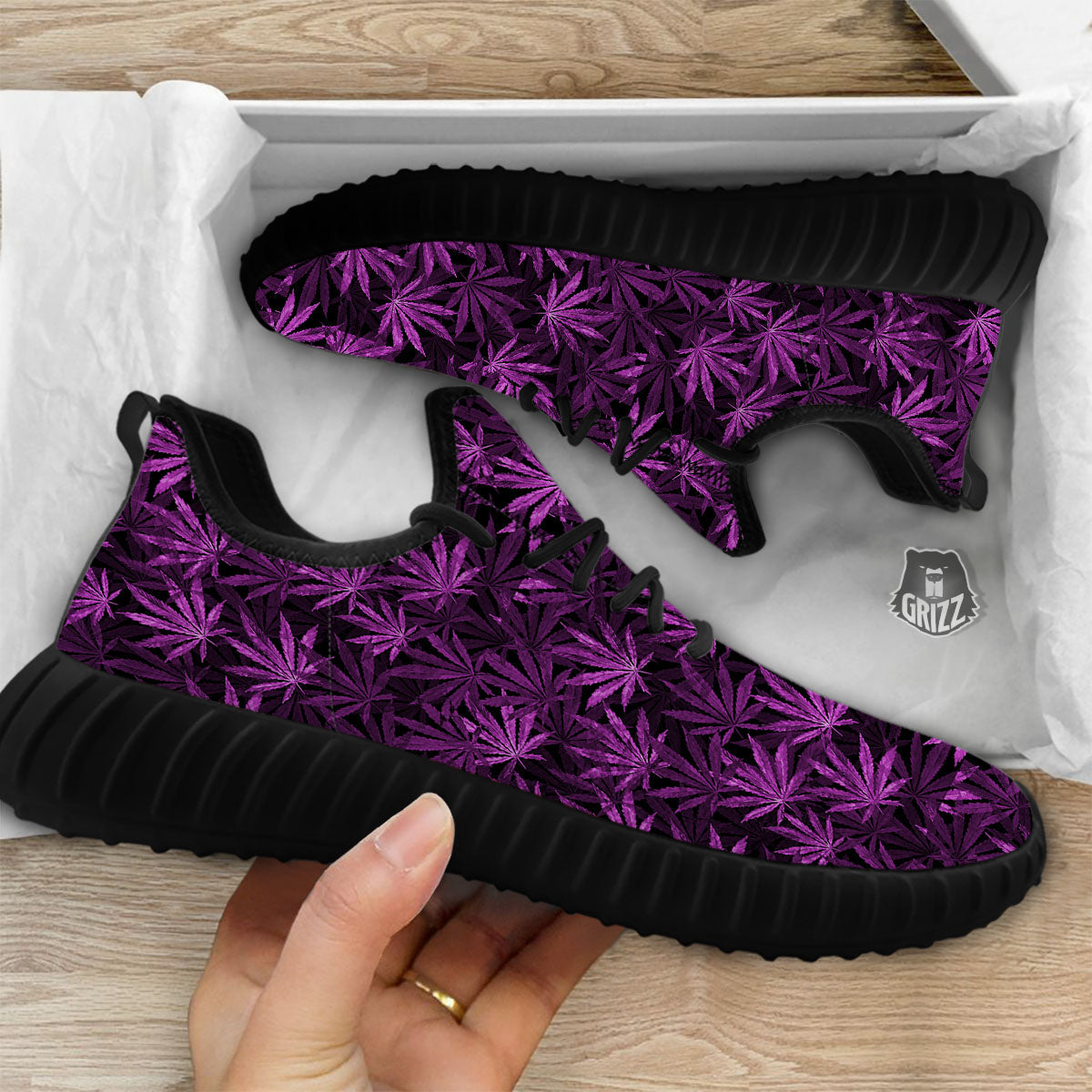 Marijuana Leaf Purple Print Pattern Black Walking Shoes-grizzshop