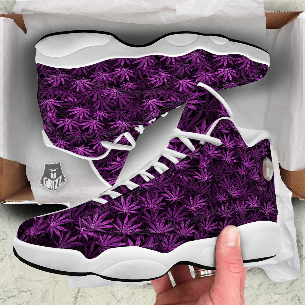 Marijuana Leaf Purple Print Pattern White Basketball Shoes-grizzshop