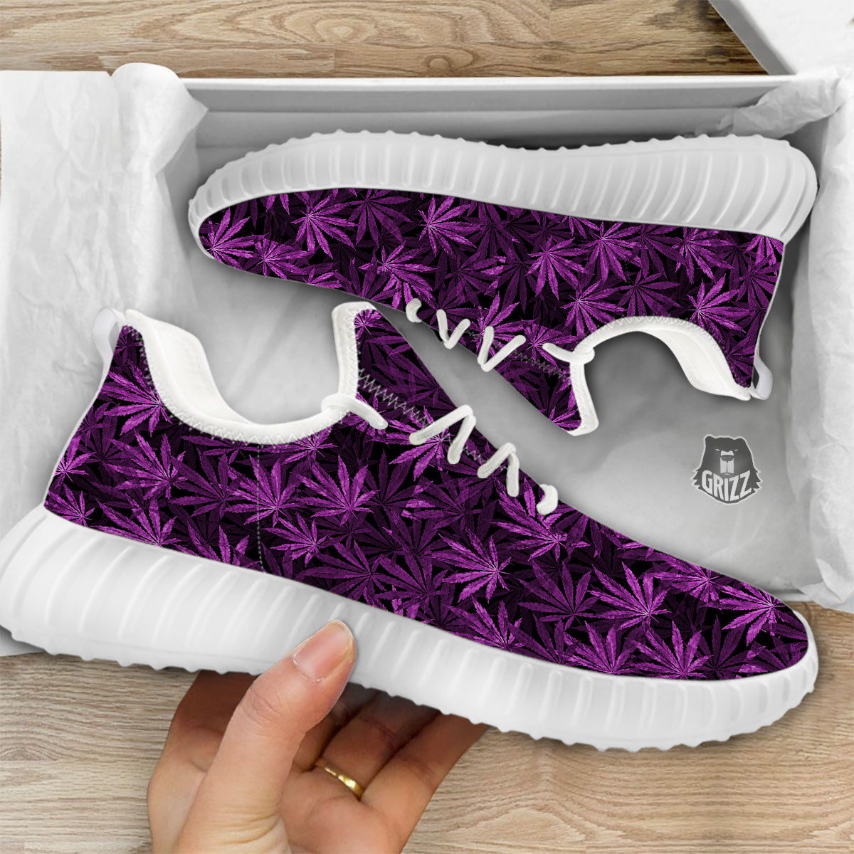 Marijuana Leaf Purple Print Pattern White Walking Shoes-grizzshop