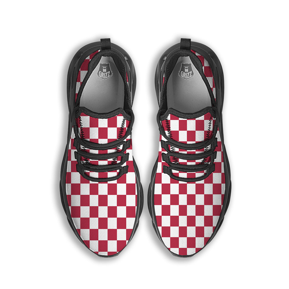 Maroon Checkered Flag Print Black Running Shoes-grizzshop